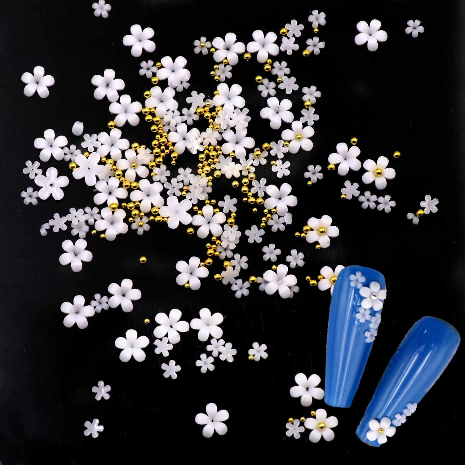 

White Acrylic Flower 3D Nail Art Decoration Mixed Size Rhinestones Gold Silver Gem Manicure Accessories DIY Nails Design