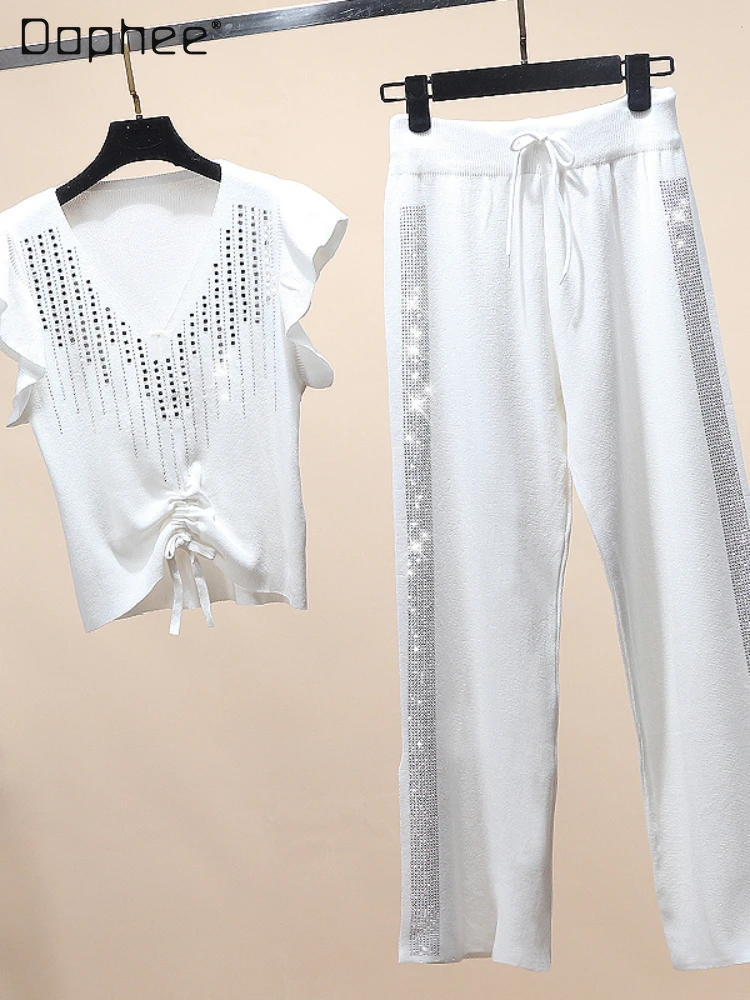 

Hot Drilling Knitted Bottoming Shirt and Split Trousers Suit Female 2 Piece Outfit 2022 Fall New Women's Pants and Top Set
