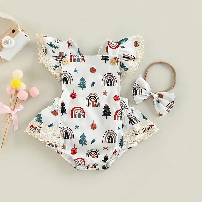 

Fashion Newborn Baby Girls Rompers+Headband Rainbow Xmas Tree Print Lace Ruffles Button Backless Jumpsuits Skirts Clothes
