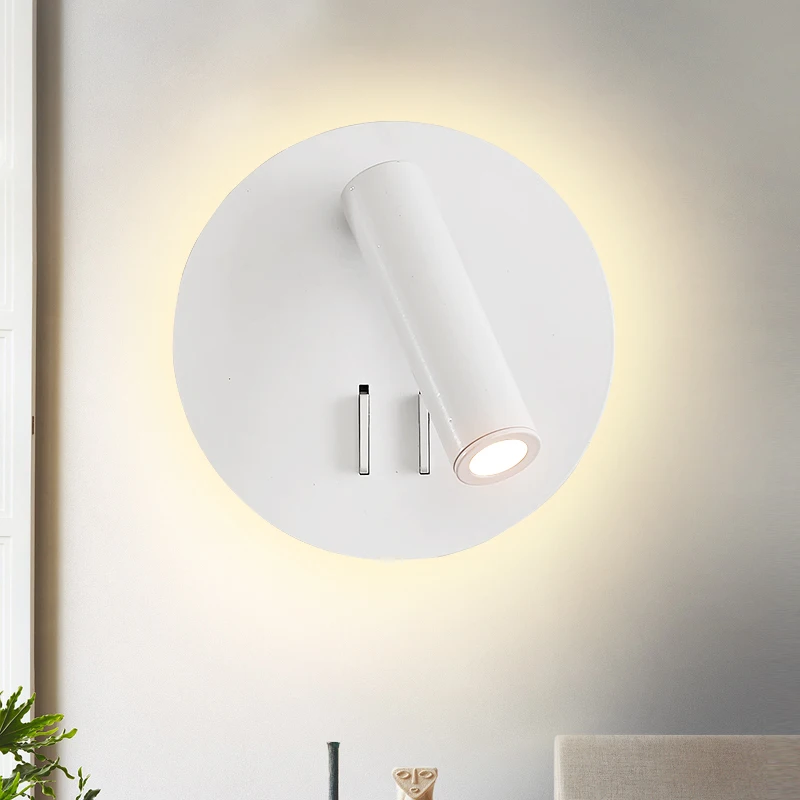 10W LED Wall Mounted Light Fixture Adjustable Bedside Spotlight Circle Reading Lamp DualSwitch Hotel Bedroom White/Black Shell