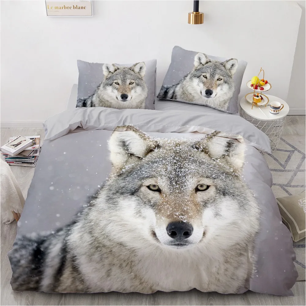 

3D Design Animal Wolf Comforter Shall Pillow Case Gray Quilt Cover Sets Bedding Set King Queen Full Twin Sizes Bedclothes
