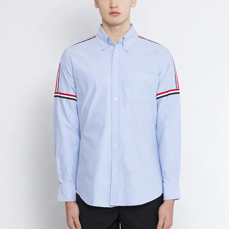 TB THOM Men's Shirt Spring Fashion Top Brand Striped Shoulders Sleeves Casual Oxford Fabric Slim High Quality Women's Shirts