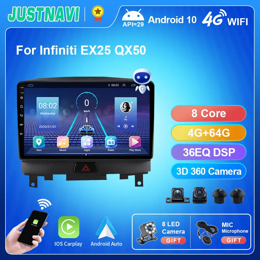 

JUSTNAVI QT5 4G 64G For Infiniti EX25 QX50 Car Radio Android 10.0 IPS 8 Core Stereo Head Unit DSP 48EQ Car Play NO 2din TS7 DVD