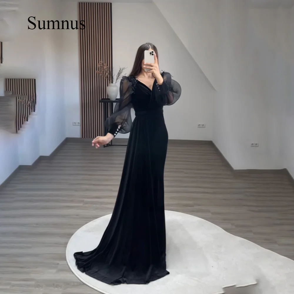 

Sumnus Black Velvet Mermaid Saudi Arabia Evening Dresses Appliques Puff Long Sleeve Dubai Event Gowns With Train Formal Gown