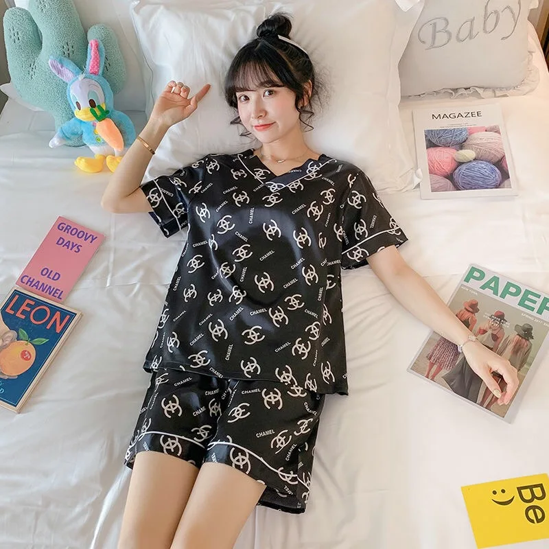 Summer Women Girl Fashion Short Pajamas Suits Ice Silk Home Clothers Sets Sleepwear