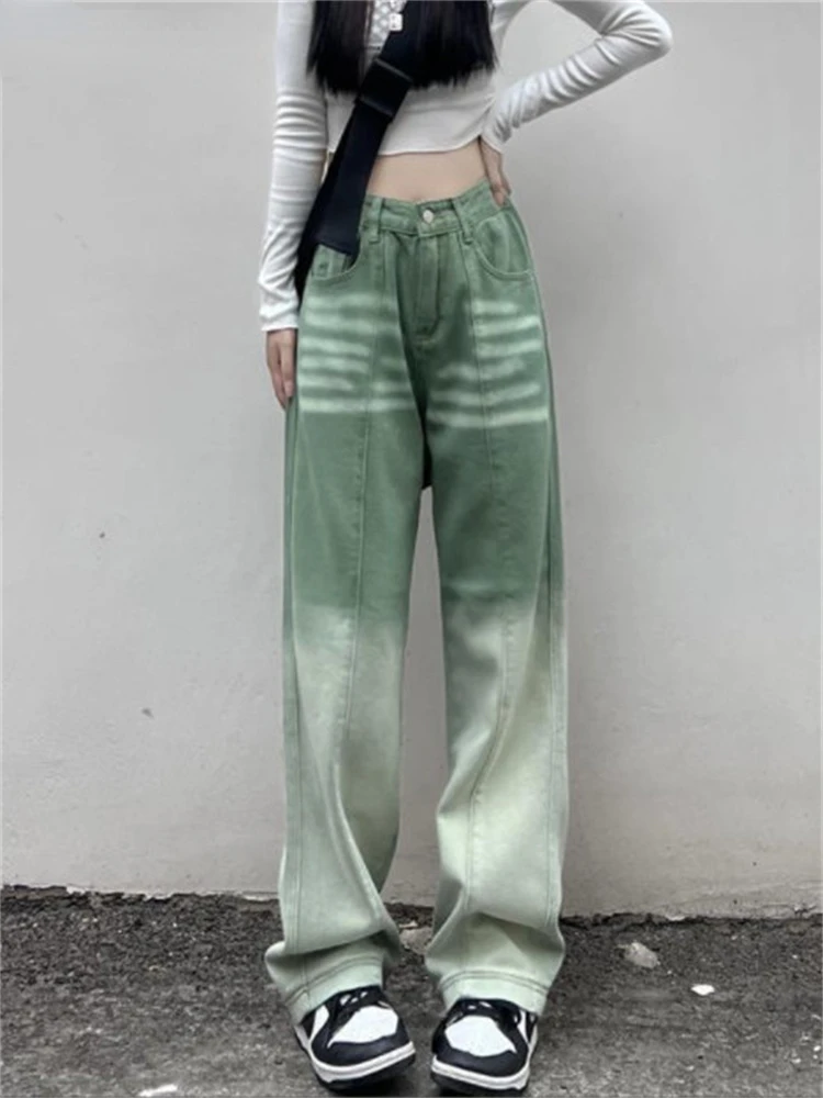 

Женские винтажные джинсы с градиентом, повседневные свободные брюки в стиле хип-хоп, прямые широкие брюки в стиле High Street, лето 2022