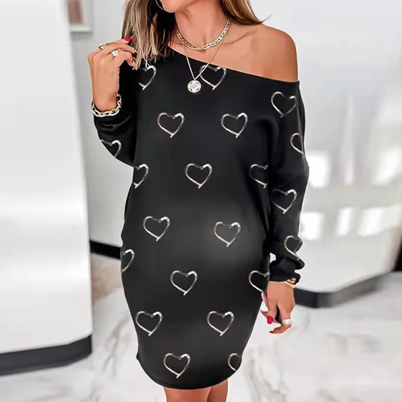 

Женское прямое платье, Элегантное повседневное офисное платье с принтом, пуловер с открытыми плечами и длинным рукавом, 2021