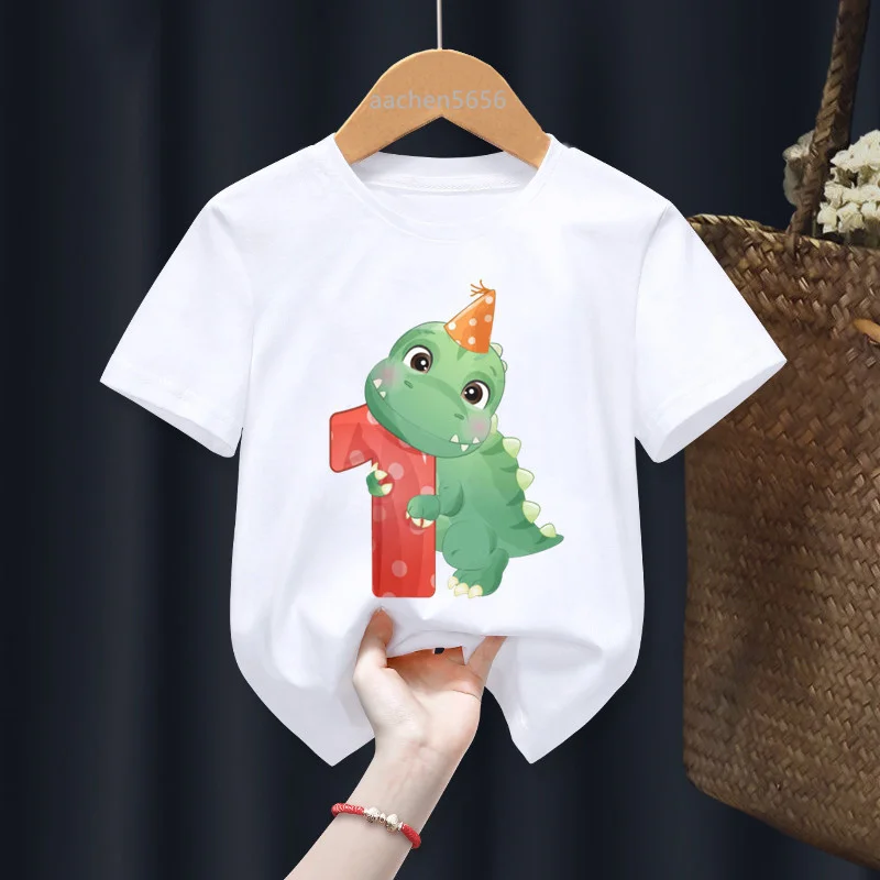 2022 New Cute Cartoon Dinosaur Birthday Number 1-10th Print Your Name Baby Kid Customer T-shirt Children Girl Present Clothes