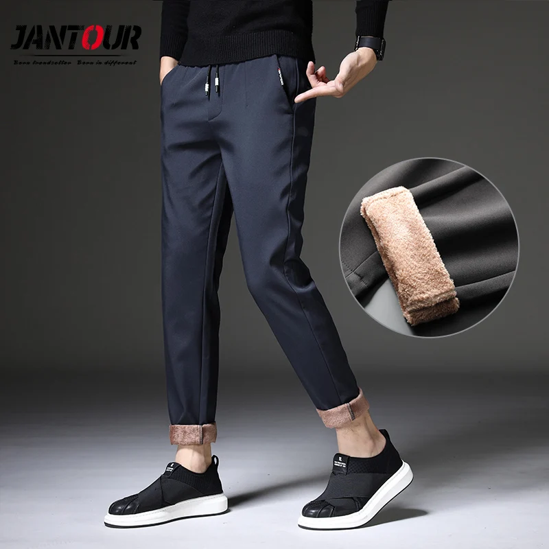 

2021 New Mens Winter Fleece Warm Pants Men Korean Casual Slacks Slim Warm Thick Pants for men fashion Black Gray Trousers Male