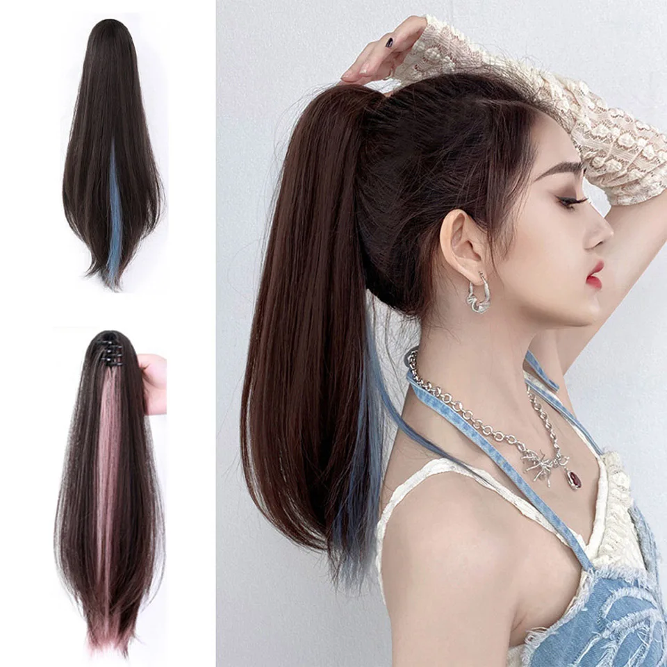 NC Synthetic ponytail wig female  long straight hair simulation hair high ponytail catch splint chestnut hanging fog blue braid