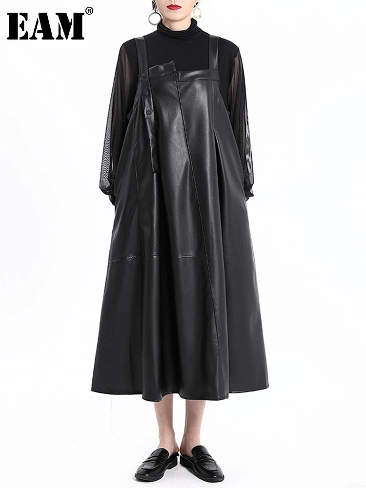 

[EAM] Women Black Pu Leather Long Suspender Dress New Square Collar Sleeveless Loose Fit Fashion Tide Spring Autumn 2022 1DE6816