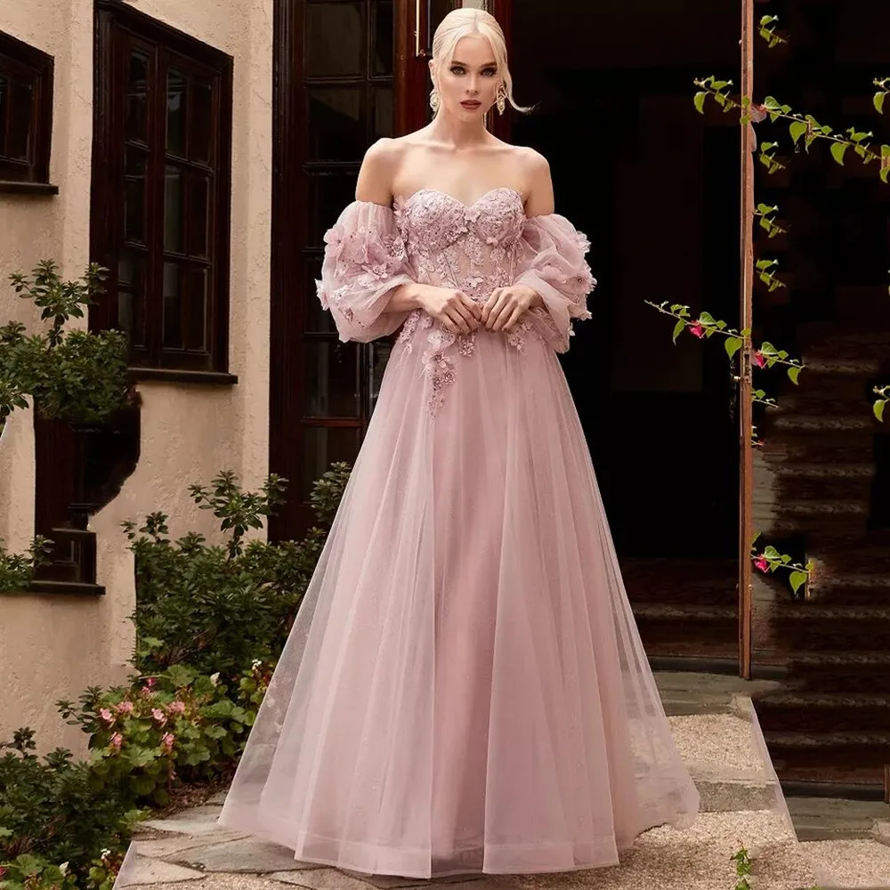 

Elegant Princess Prom Gown A-Line Floral Sheer Bodice Detachable Off the Shoulder Strapless Sweetheart Evening Formal Dress
