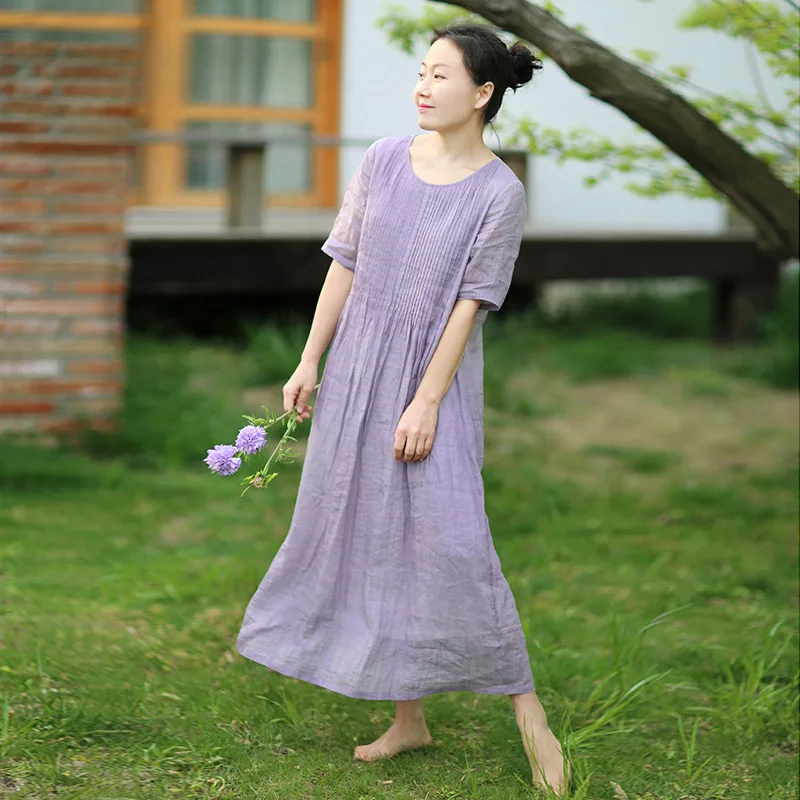 2020 summer new smoke purple light ramie crepe dress elegant double-layer impermeable medium sleeve casual long style