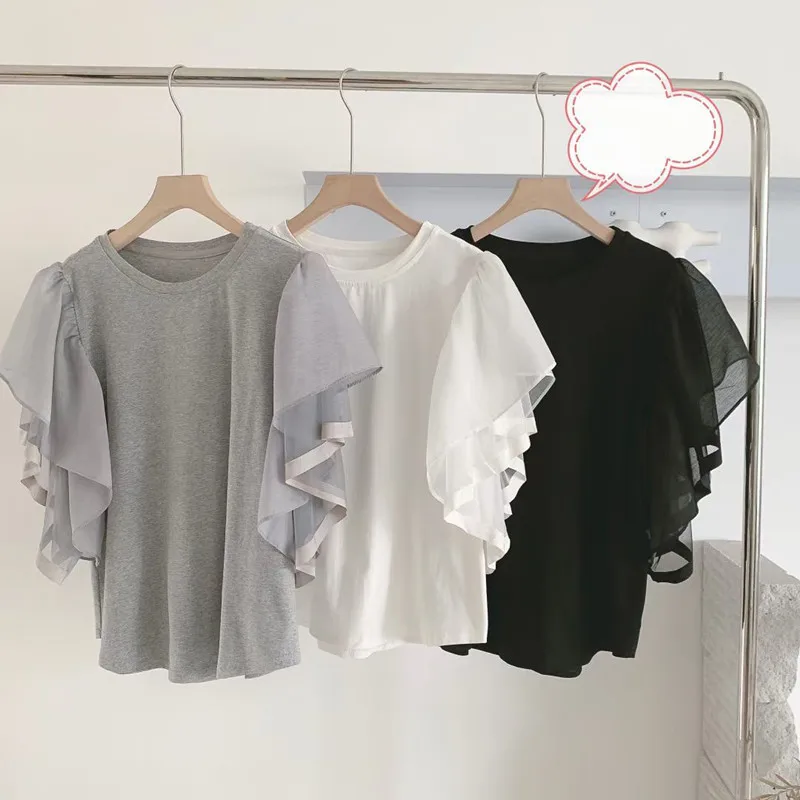 

Ruffles Sleeve Gray Tees Women Loose Ruffles Sleeve White T Shirts Women Sweet Girls Ruffled Tees