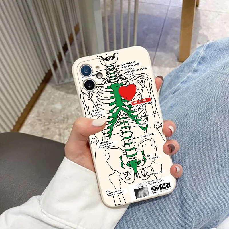 Heart Skeleton Phone Case For iPhone 13 14 Pro Max 11 12 XS XR 7 8 Plus Creative Shockproof Soft Silicone Phone Case Back Cover