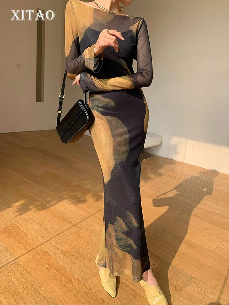 

XITAO/Газовое платье-пуловер с завязками и вырезом лодочкой; Однотонное вязаное платье до щиколотки; Осенняя мода; HQQ1826