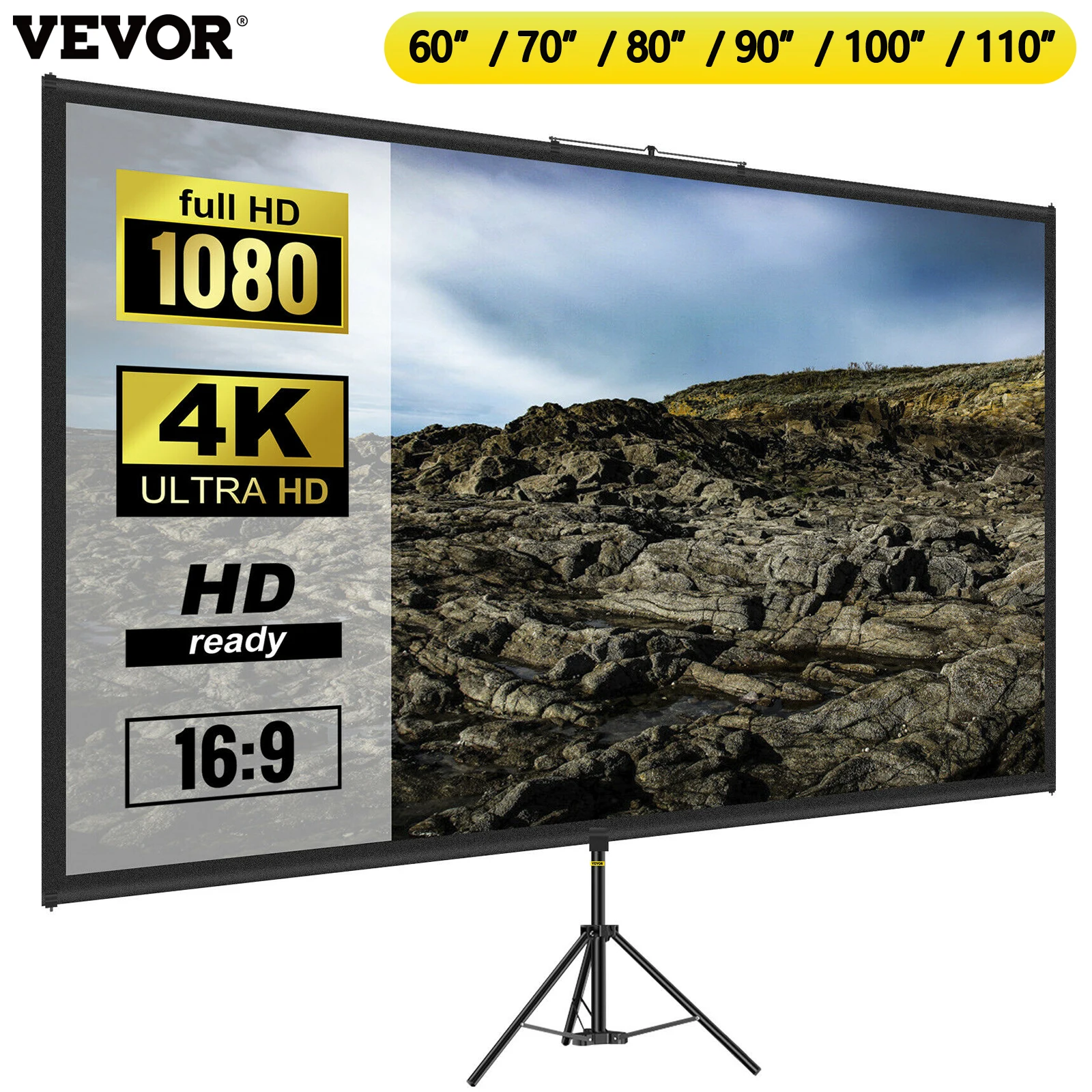 

VEVOR 60 70 80 90 100 110 Inch Tripod Projector Screen W/ Stand 16:9 4K HD Portable Home Cinema for Indoor & Outdoor