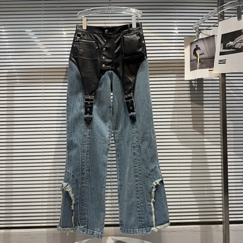 

Женские джинсы в стиле пэчворк BORVEMAYS из искусственной кожи, индивидуальные уличные свободные широкие брюки контрастных цветов с высокой талией, WZ5043