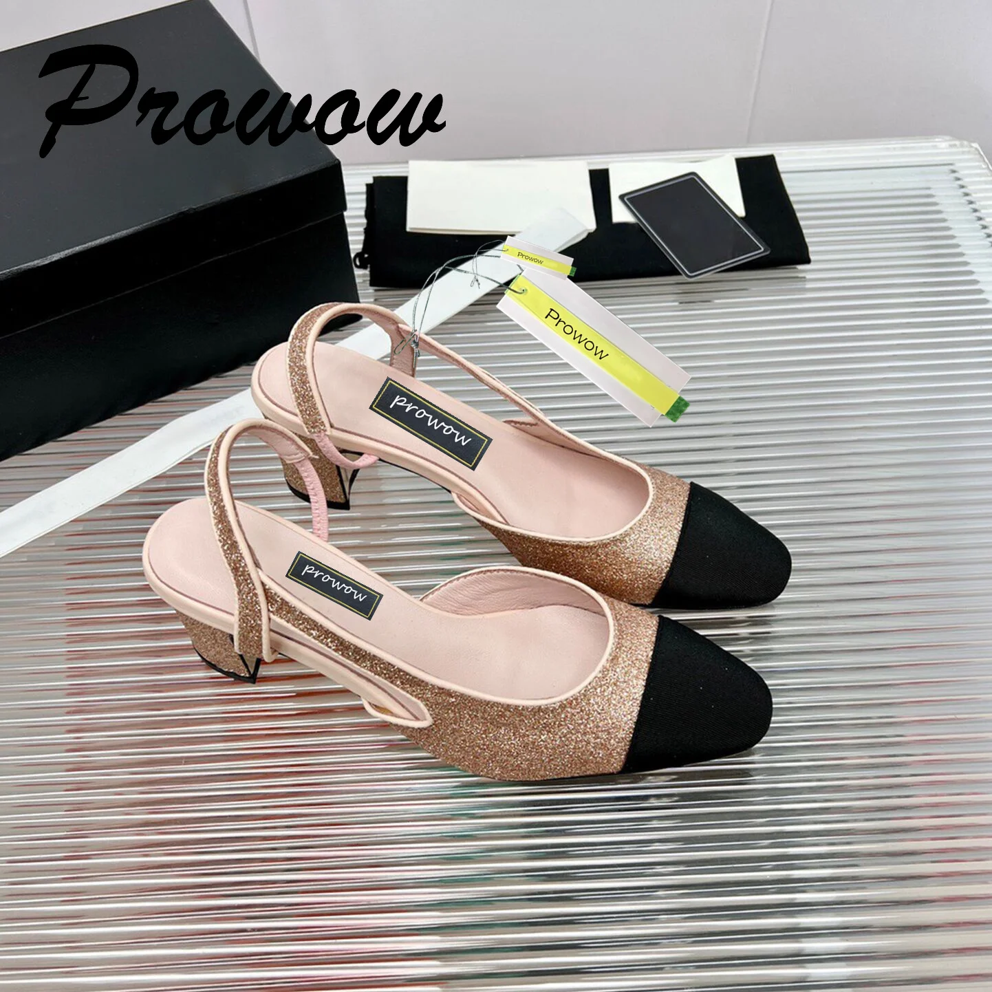 

Prowow New High Quality Genuine Leather Glitter Sling Back Pumps Round Toe Ankle Strap Med Heels Shoes Women Sandals Summer