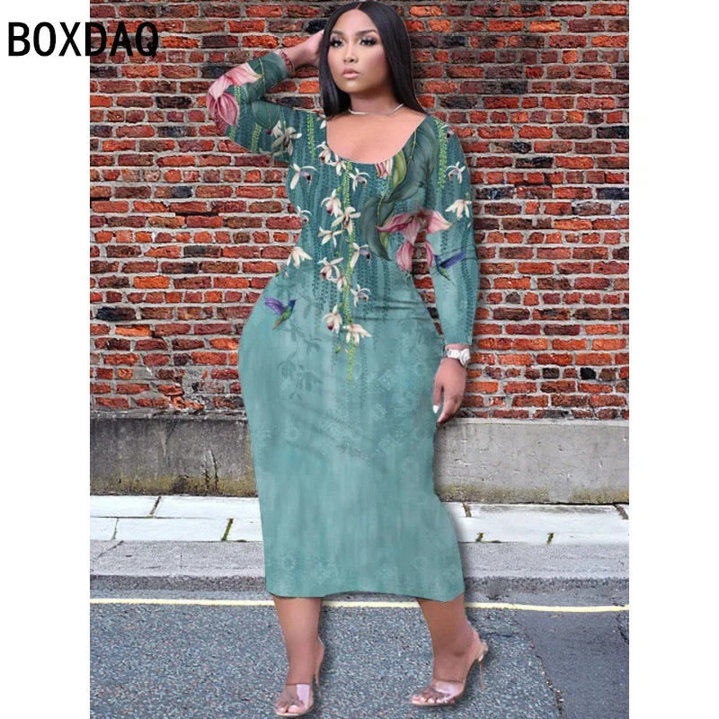 

Женское винтажное платье с длинным рукавом, повседневное облегающее платье до середины икры с цветочным 3D рисунком, вечернее праздничное п...