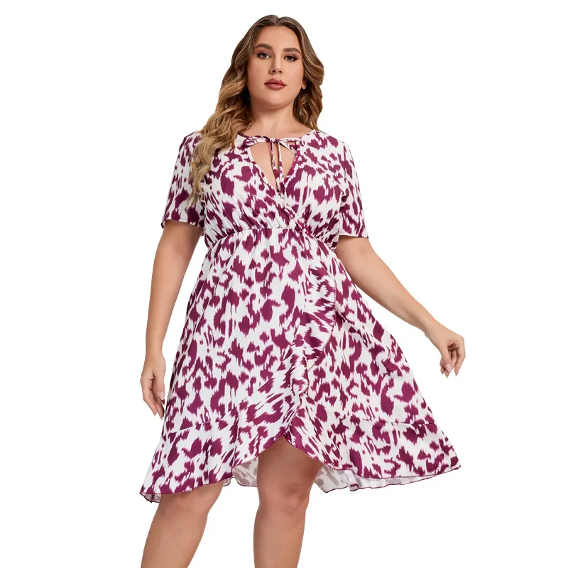 

Женское Повседневное платье с коротким рукавом, свободное ТРАПЕЦИЕВИДНОЕ ПЛАТЬЕ из полиэстера с леопардовым принтом и глубоким V-образным ...