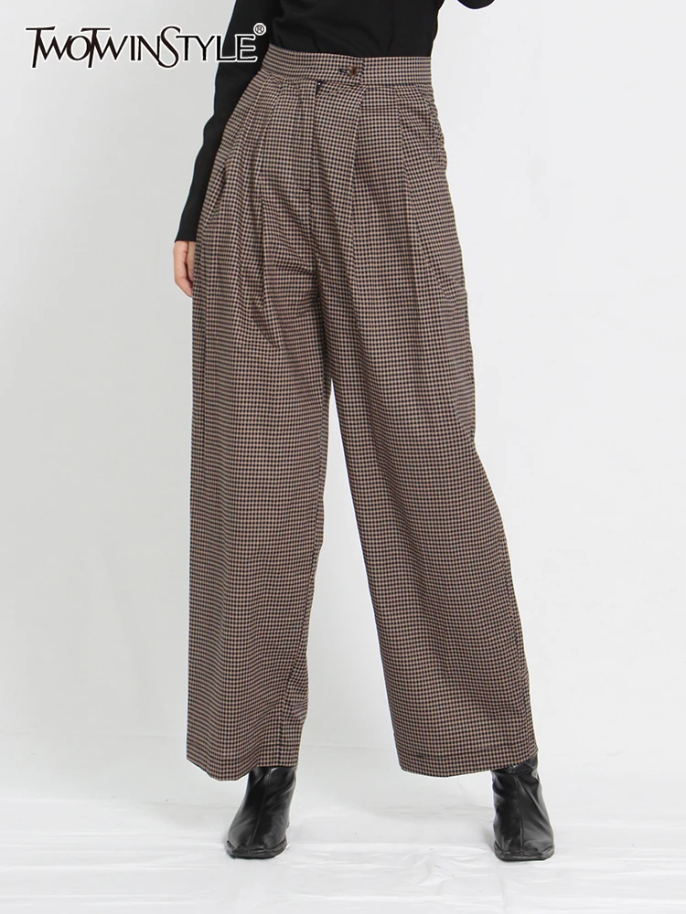 

TWOTWINSTYLE Loose Wide Leg Trouser For Women High Waist Plaid Long Trousers Female Autumn Fashion Vintage Clothing Autumn Style