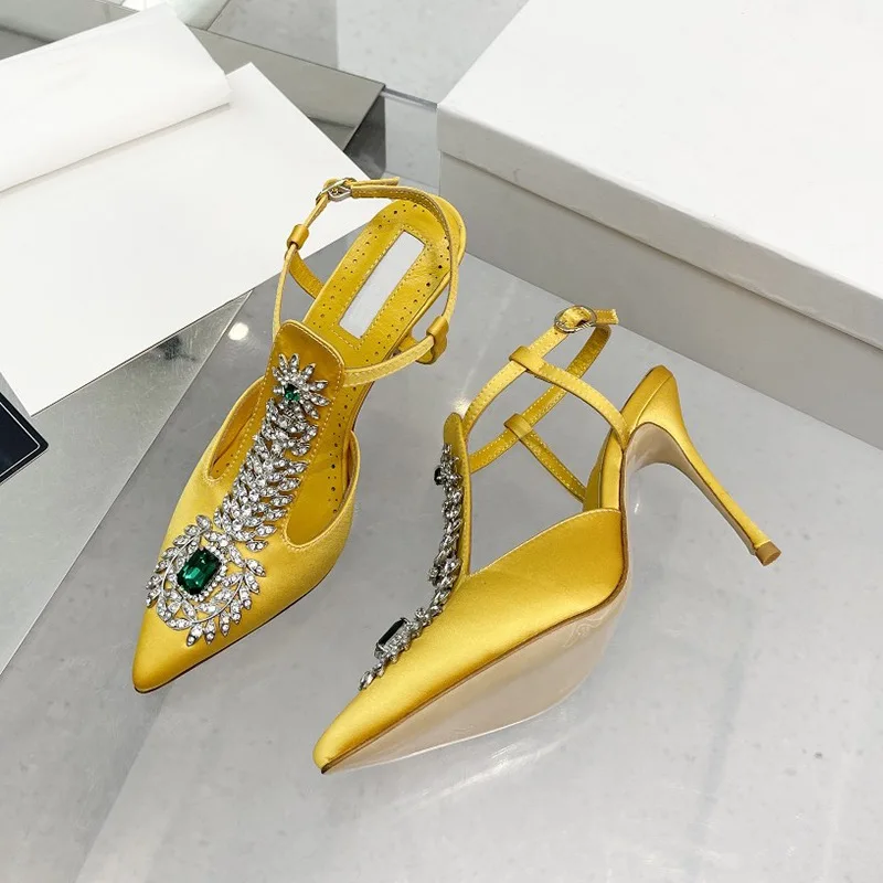 2023 Spring and Summer Rhinestone Sandals Pointed Toe Buckle Baotou Stiletto Satin Crystal High Heels Women