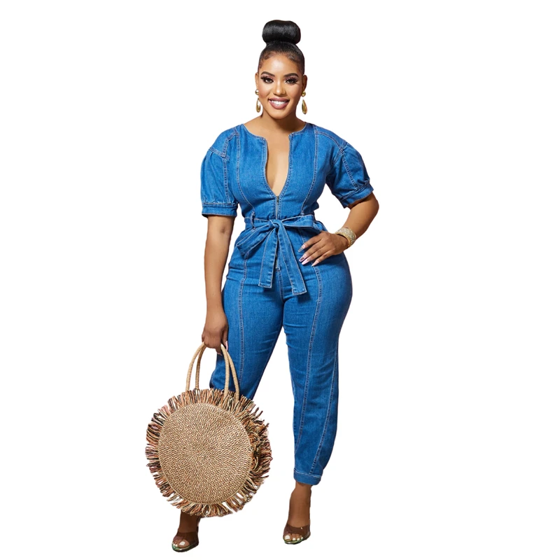 Fashion Sexy Loose Short Sleeve Cotton Denim Jumpsuit with Belt Boyfriend Jeans for Women 2022 Overalls One-piece Women Clothing