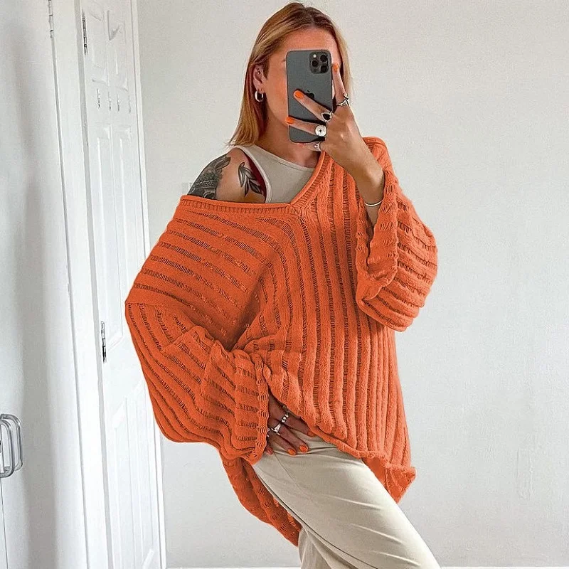 

Women Spring Autumn Loose Knitwear Solid Color Knitting Ribbed Long Sleeve V-Neck Fashion Casual Sweater Tops Knit Streetwear