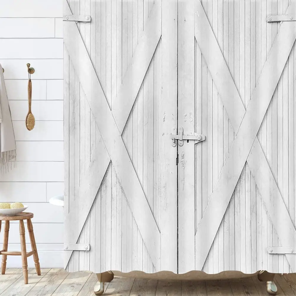 

Rustic Barn Door Shower Curtain White Farmhouse Country Wooden Polyester Fabric Bath Curtains inch Bathroom Set with Hooks