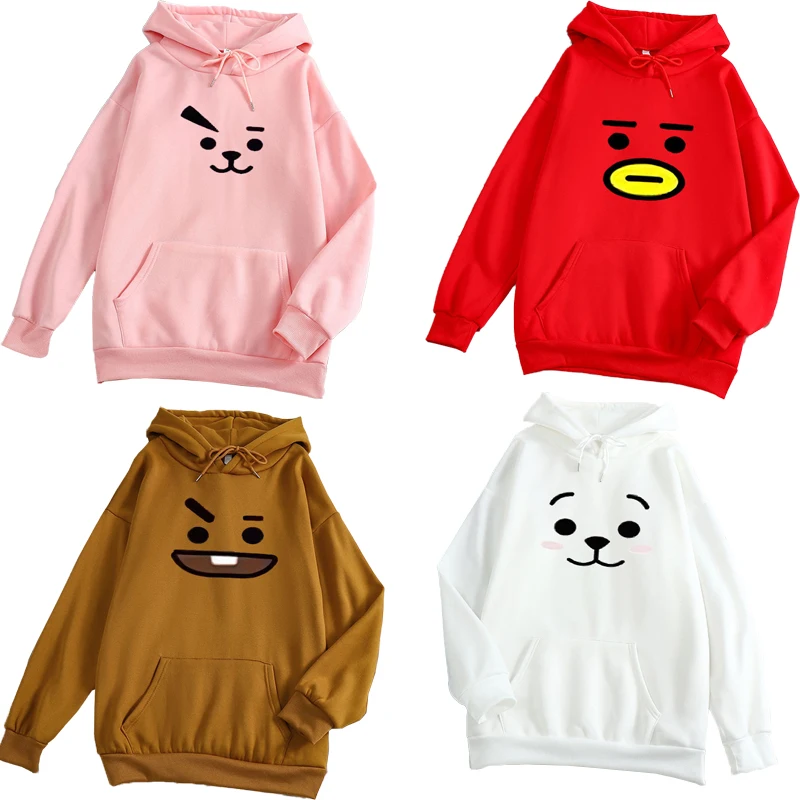 Bt21 мультфильм кавайные осенние и зимние популярные Цветочные выражения Печатные Длинные рукава Повседневная Толстовка свободный свитер для женщин