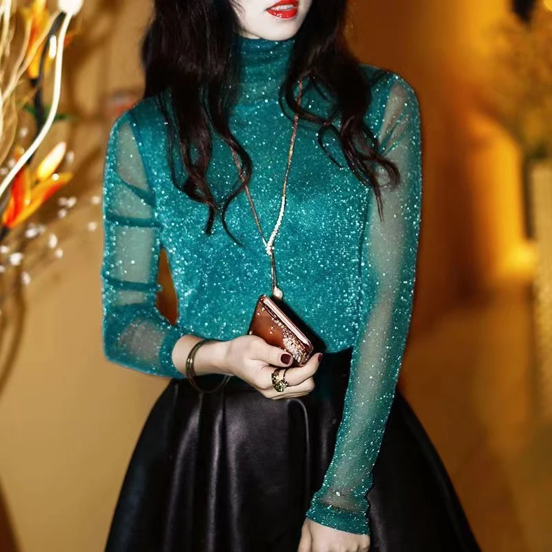 

4XL Green Bright Silk Fashion Ladies Party Shirts Long Sleeve Turtleneck Half See Throgh Tops Sexy Women Clubwear Chiffon Blouse