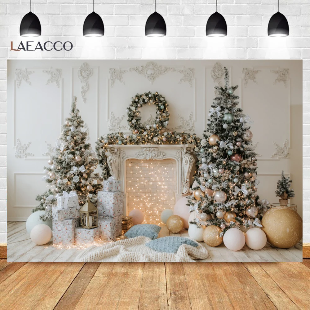 

Christmas Backdrop For Photo Winter Christmas Tree Gift Fireplace Ball Chic Wall Cozy Party Decor Baby Portrait Photo Background