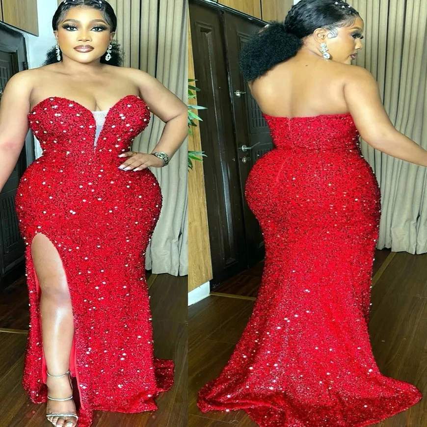 

Kadisua Arabic Plus Size Red Evening Dress Split Sweetheart Sexy Backless Sparkly Sequined Floor Length Sweep Train Prom Gown