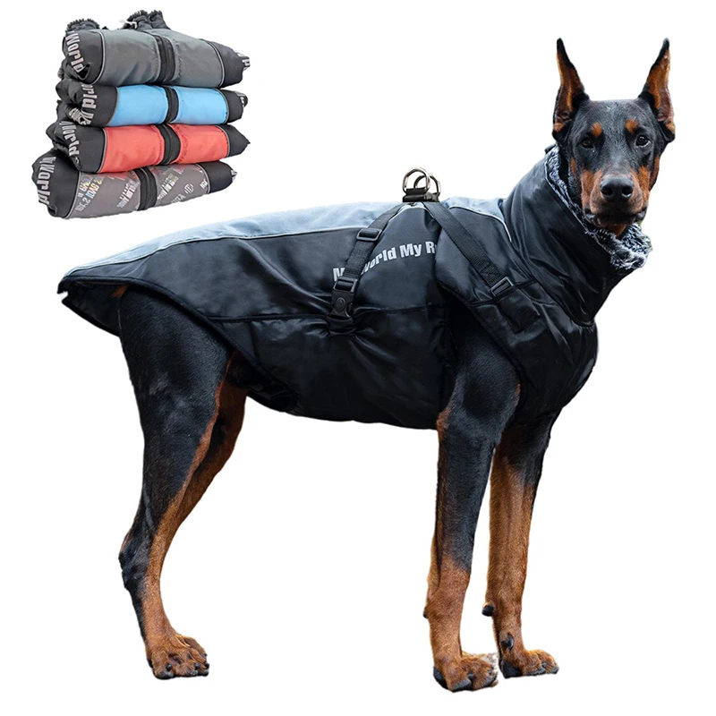 

Waterproof Large Dog Clothes Winter Dog Coat With Harness Furry Collar Warm Pet Clothing Big Dog Jacket Labrador Bulldog Costume