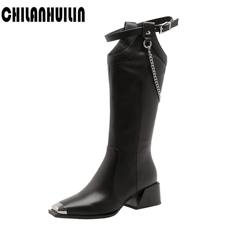 

punk style chains autumn winter boots women mid thick heels soft leather knee high boots metal toe platform shoes riding boots