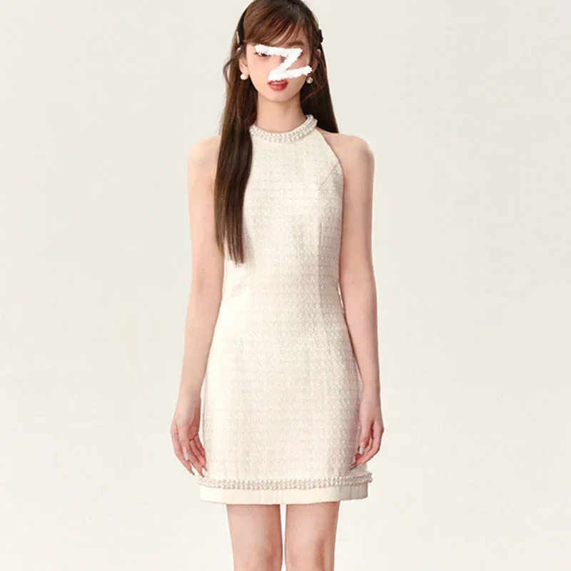 High Street летняя новая мода 2024 женское твидовое платье с жемчугом и бисером