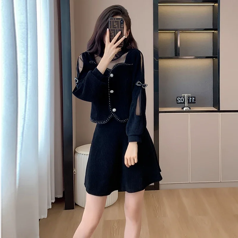 Женский вельветовый комплект из двух предметов модный сетчатый элегантный топ с