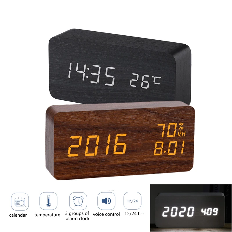 

Wooden Alarm Clock Despertador LED Wood Watch Table Voice Control Digital USB/AAA Powered Electronic Desktop Clocks reveil