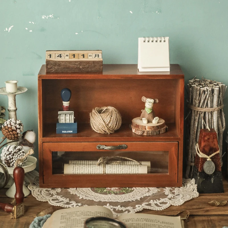 

Cabinet Wooden Desktop Storage Box Cosmetics Large Capacity Desktop Storage Rack Drawer Student Retro Decoration Vintage