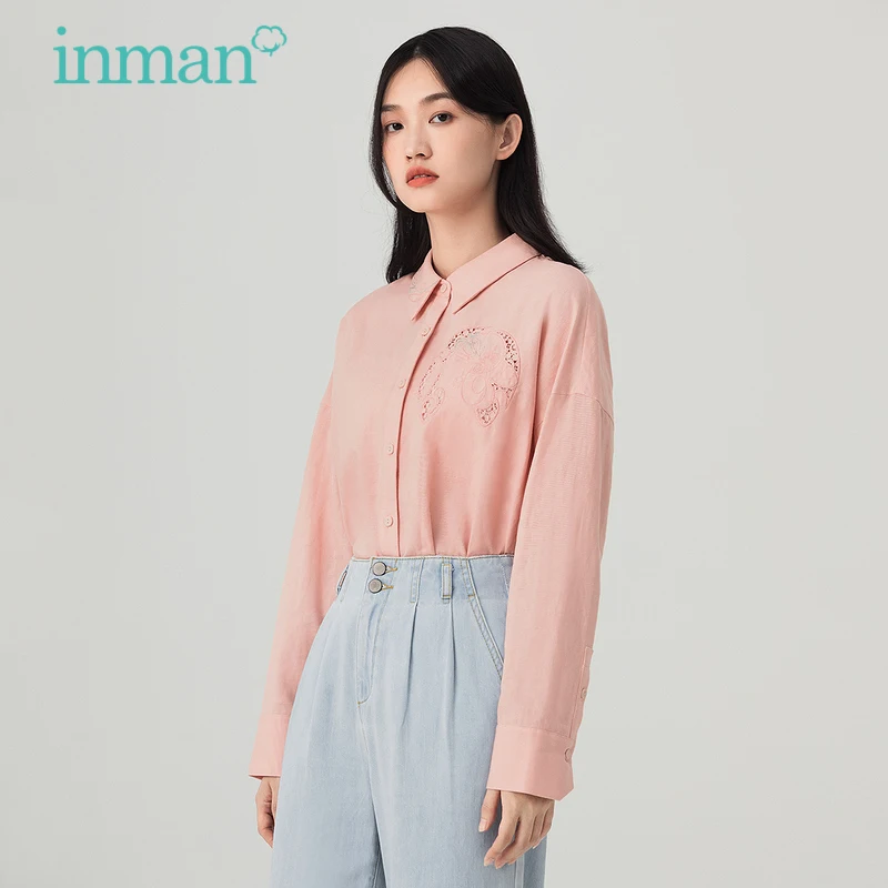 INMAN Women's Blouses Spring Autumn Long Sleeve Fashion Shirts Minimalist Embroidered Lapel Korean Style Top Women's Clothing