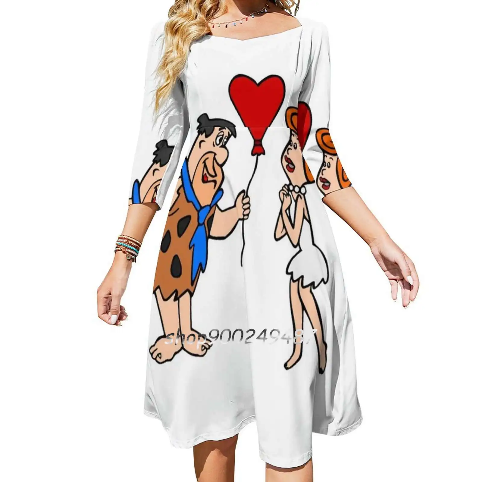 

Flintstones Romance Square Neck Dress Cute Loose Print Dresses Elegant Beach Party Dress Cartoon He Drew Love Flintstones Heart