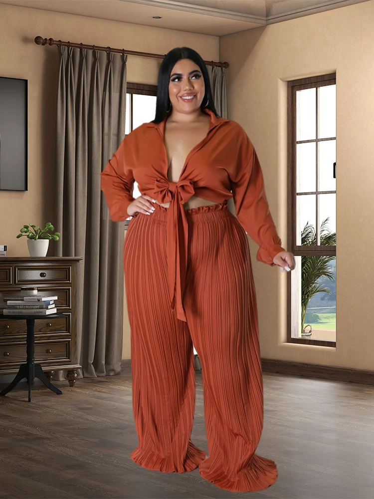 

Women's Plus Size Two-piece Set Elegant Loose Casual Long-sleeved V-neck Tie Top Pleated Wide Leg Pants Set Wholesale