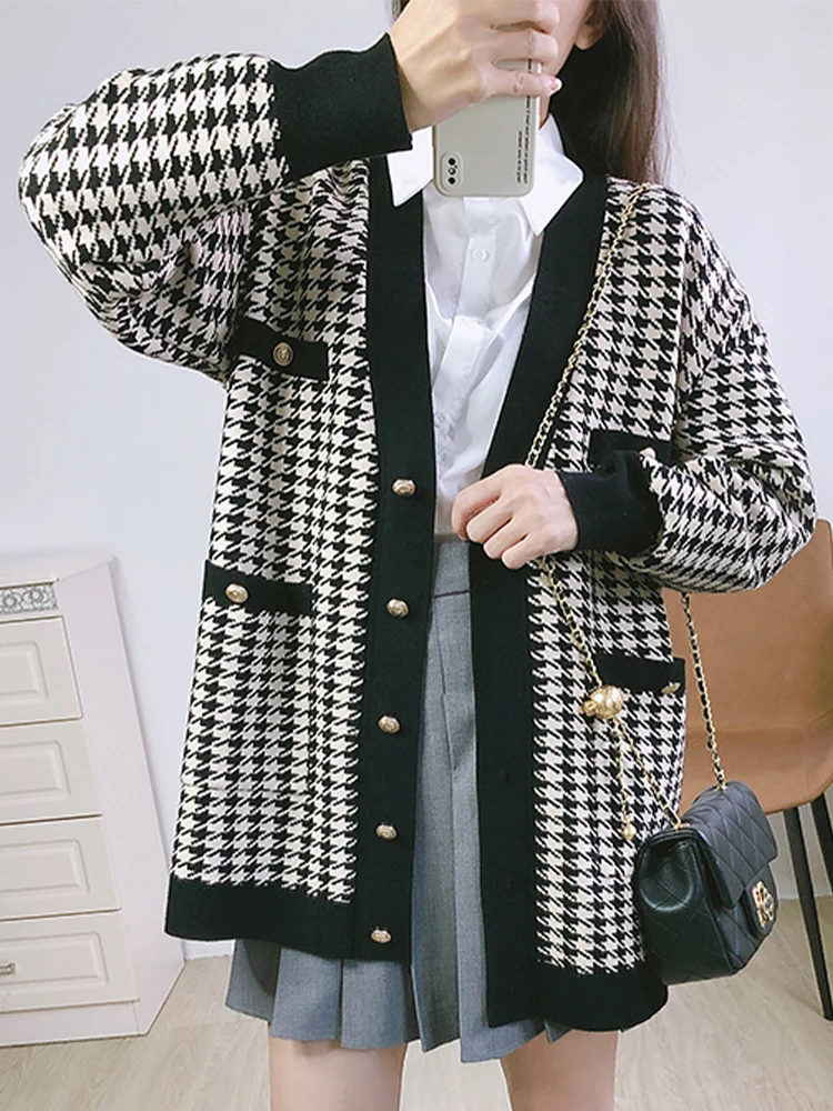 

Single Breasted Houndstooth Knitted Cardigan Sweaters for Women 2022 Autumn Winter Oversized V Neck Jumper Loose Casual knitwear