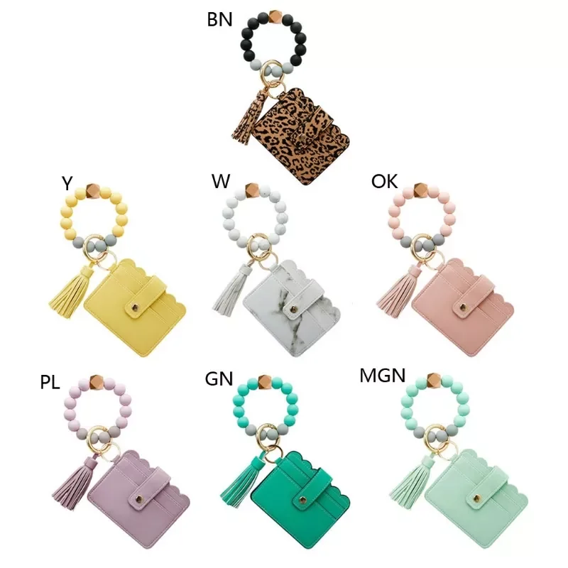 

Wristlet Keychain Silicone Beaded Bracelet Leather Tassel Wallet Bangle Car Key Ring Card Holder for Women Girls