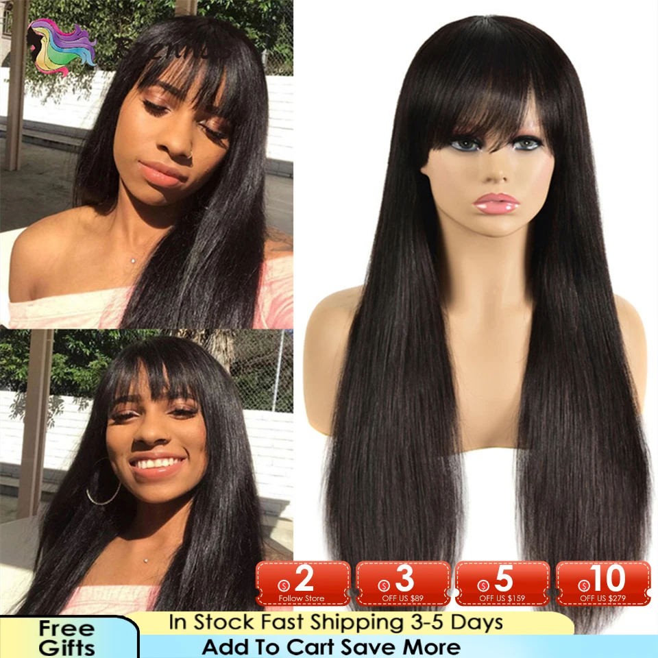 Natural Color Straight Hair Wigs With Bangs Human Hair Wigs Peruvian Remy Hair Machine Made Glueless Easy Install Wigs For Woman