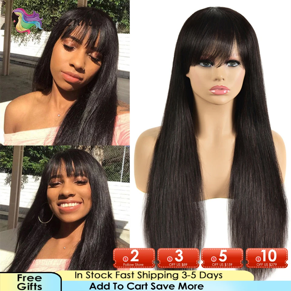 

Natural Color Straight Hair Wigs With Bangs Human Hair Wigs Peruvian Remy Hair Machine Made Glueless Easy Install Wigs For Woman