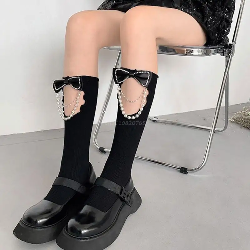 

1Pair Bowknot Bead Stockings Japanese Knee Length Stockings for Ladies Girls Sweet The Calf Socks Girls Knee Socks