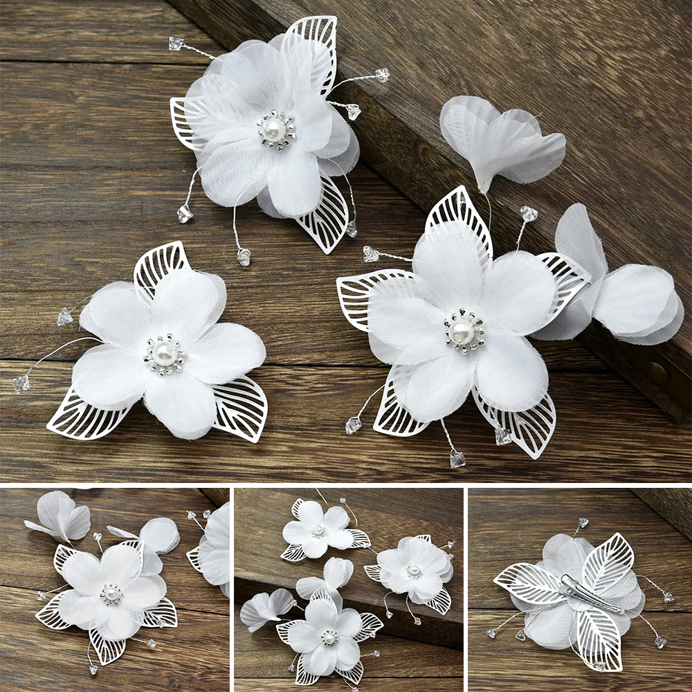 

Hair Clips Set of 3 White Flower Silver Leaf Crystal Beads Wedding Hair Clips Nonslip Side Hairpins SEC88