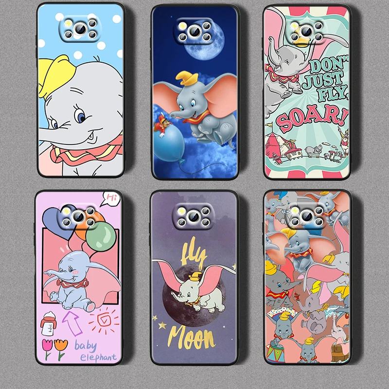 

Cute Animation Dumbo For Xiaomi Civi Mi Poco X3 NFC F3 GT M4 M3 M2 X2 F2 Pro C3 F1 Silicone Shell Capa Black Phone Case